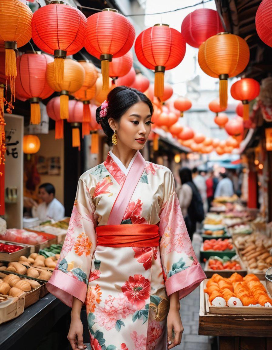 A vibrant collage showcasing diverse Asian cultures: a bustling street market featuring delicious Asian street foods, stylish traditional outfits displayed on mannequins, intricate textile patterns, and colorful lanterns. Include elements from various Asian countries like Japan, India, and China. The background should be a soft blend of pastel colors to enhance each cultural element. super-realistic. vibrant colors. white background.