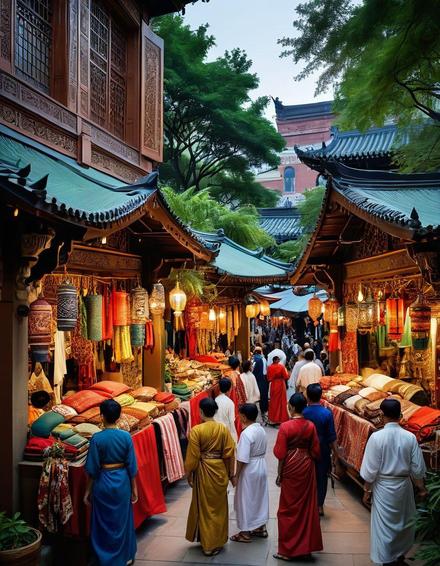 A colorful marketplace scene in Asia featuring a diverse group of individuals in traditional attire, showcasing various fashion trends from different cultures. Vibrant textiles and patterns fill the scene, with culturally significant accessories and intricate details visible. The background includes stunning architecture and lush greenery, blending modernity with tradition. Warm, inviting light bathes the scene, enhancing the richness of the colors. super-realistic. vibrant colors. lively atmosphere.