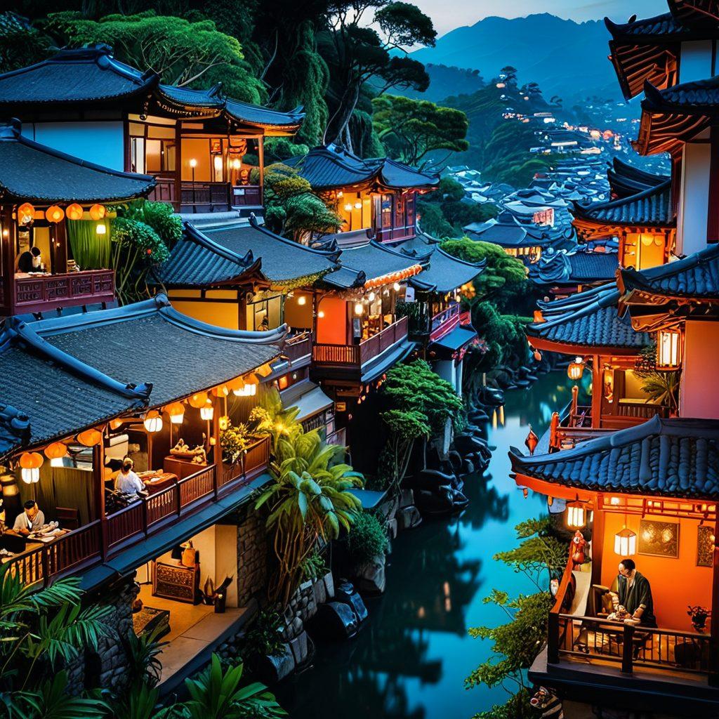 A vibrant collage showcasing diverse Asian landscapes, including lush rice terraces, bustling city streets, and serene temples. Overlay images of traditional Asian activities, like tea ceremonies and street food gatherings, inviting viewers into the culture. Incorporate trendy travel icons like backpacks and cameras to symbolize adventure. Use warm colors to evoke a sense of exploration and curiosity. super-realistic. vibrant colors. 3D.